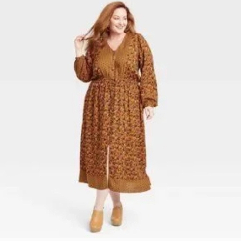 Knox Rose Long Sleeve Dress with Floral Pattern in Brown and Mustard